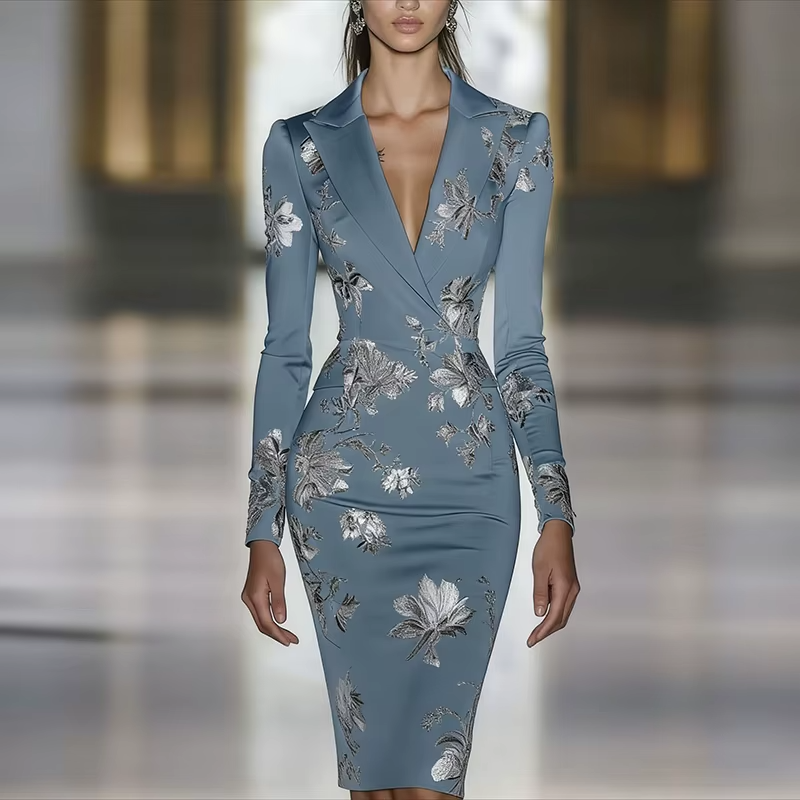 Floral Print Bodycon Dress Slim Fit Sea Blue