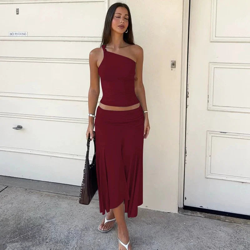 Women's One-Shoulder Crop Top & Long Skirt Set Claret