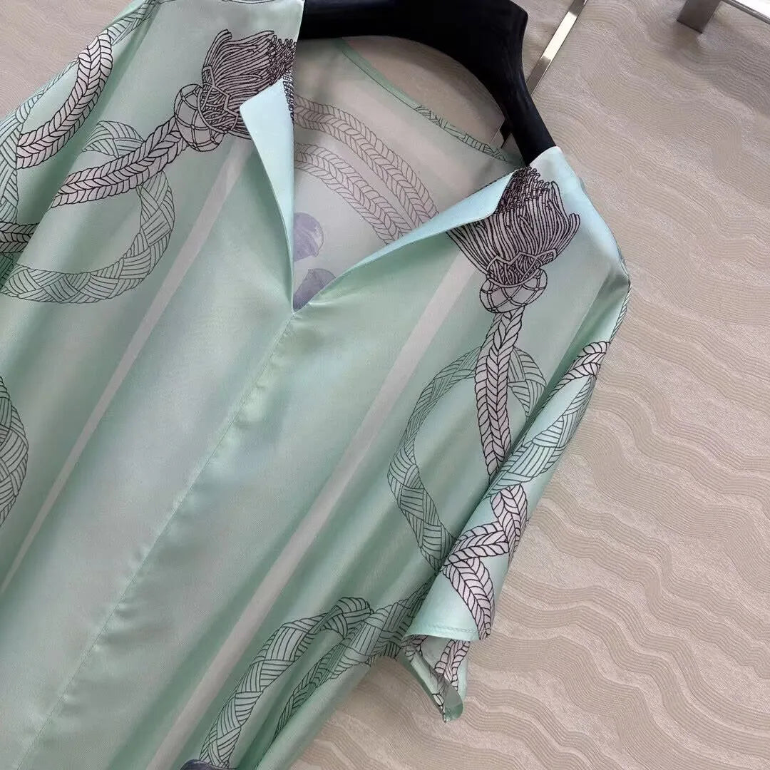 Luxury Silk Vintage Dress V Neck Short Sleeve