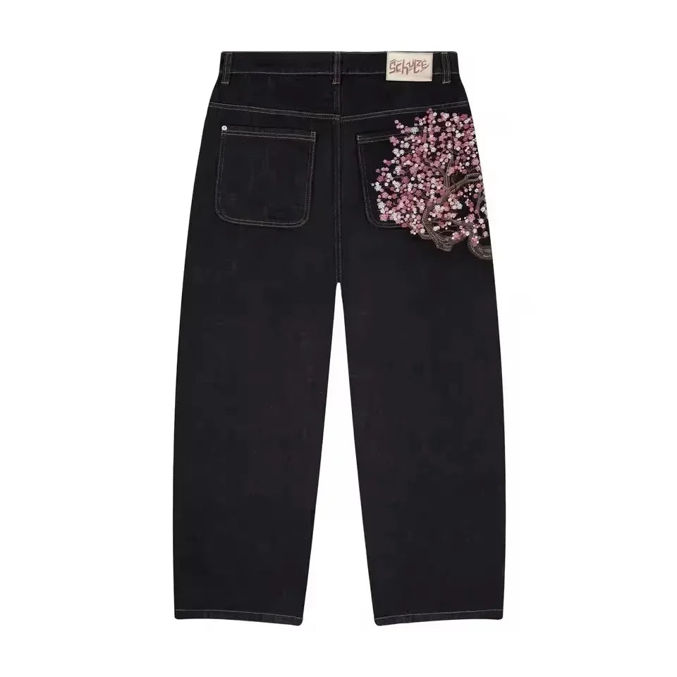 Cherry Blossom Embroidered Jeans Wide Leg