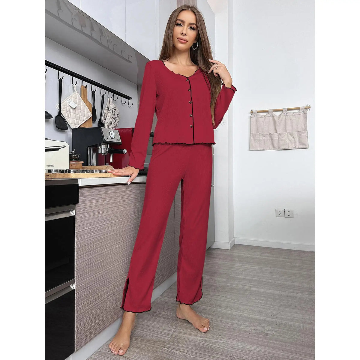 Europe Hot selling Pajamas Cardigan Long Sleeve Red