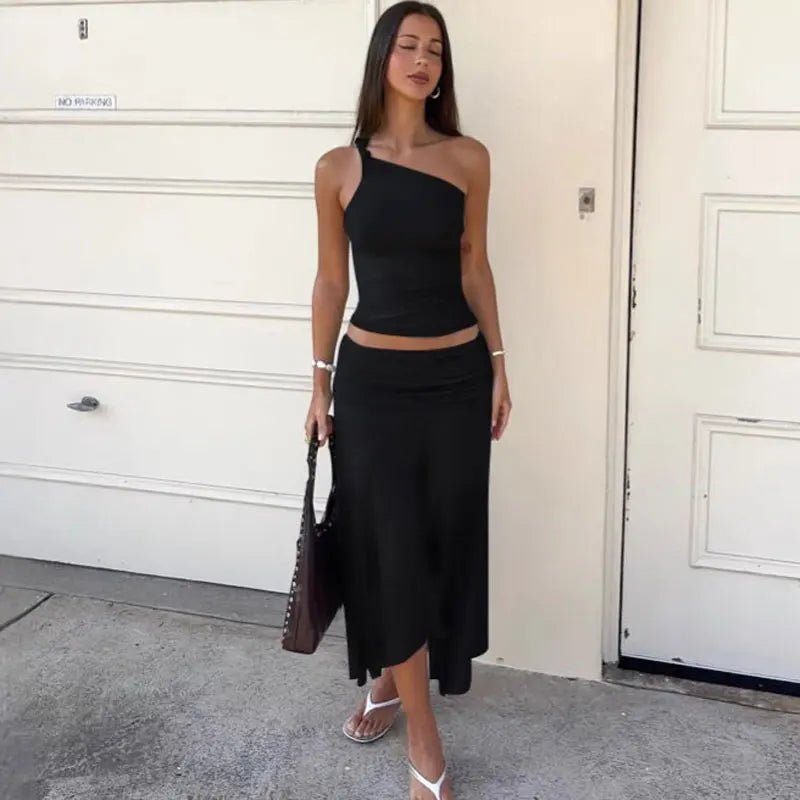 Women's One-Shoulder Crop Top & Long Skirt Set black