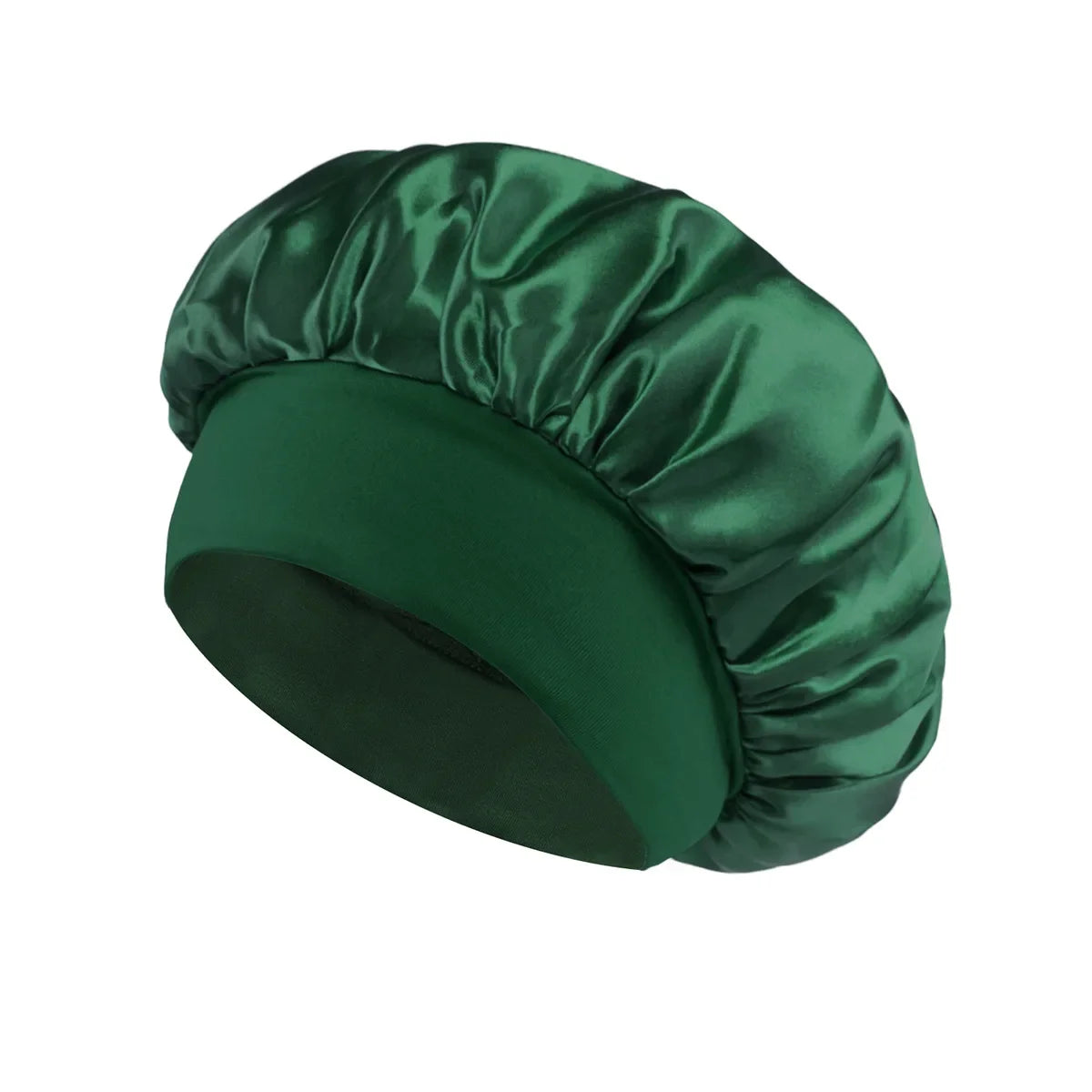 Satin Sleep Bonnet with Wide Elastic Band dark green