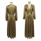 Wedding Prom Party Dress V Neck Long Sleeve Gold Dresses
