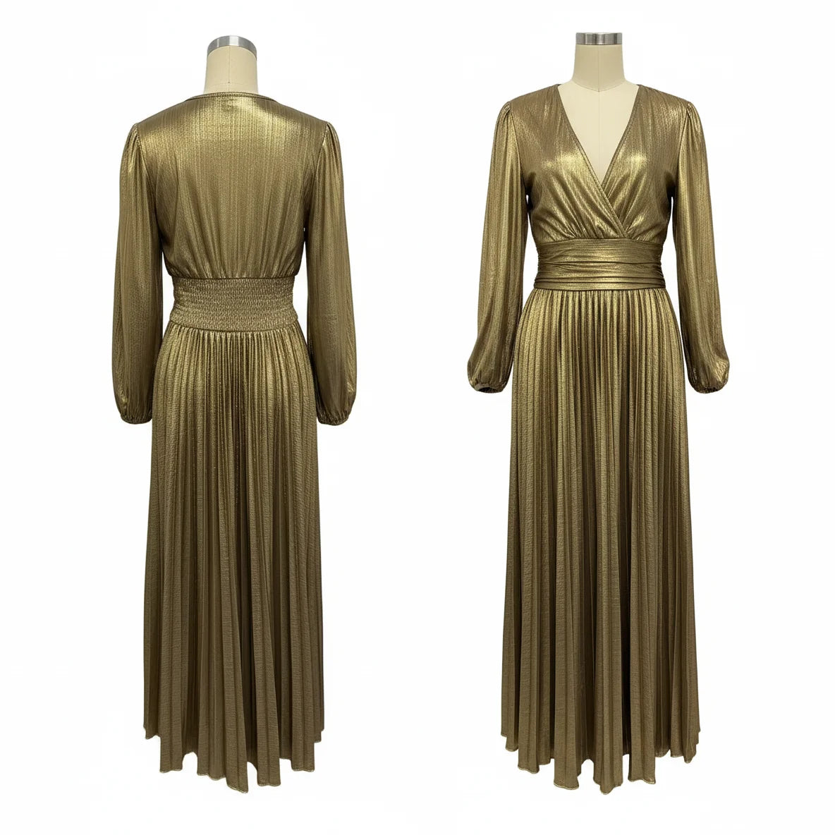 Wedding Prom Party Dress V Neck Long Sleeve Gold Dresses