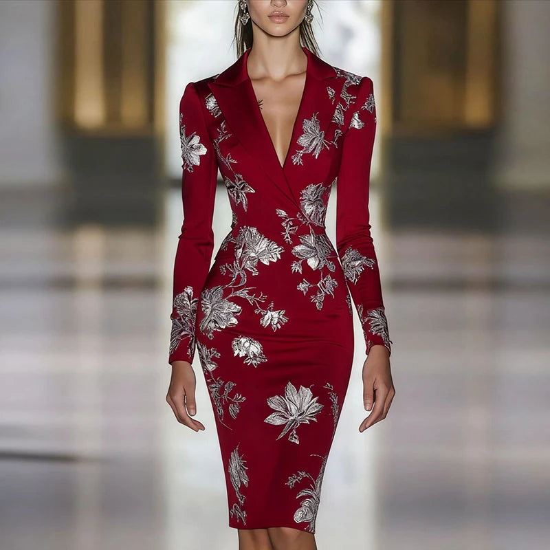 Floral Print Bodycon Dress Slim Fit Wine Red