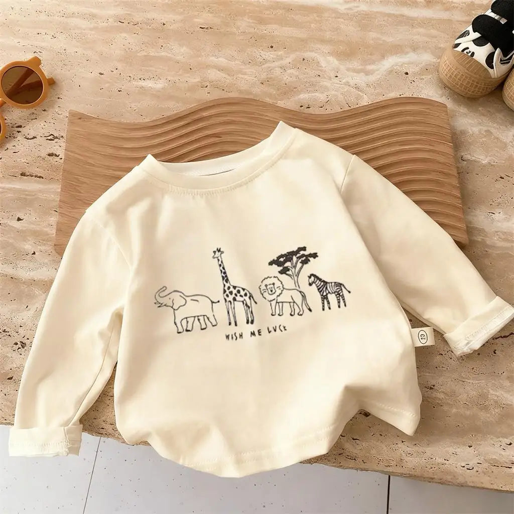 Kids Safari Animal T Shirt Relaxed Fit Long Sleeve CK0038-LTBEIGE