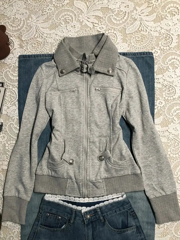 Hoodies Vintage Harajuku Hoodie Graphic Zip Up GRAY