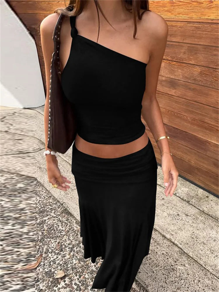 Women's One-Shoulder Crop Top & Long Skirt Set
