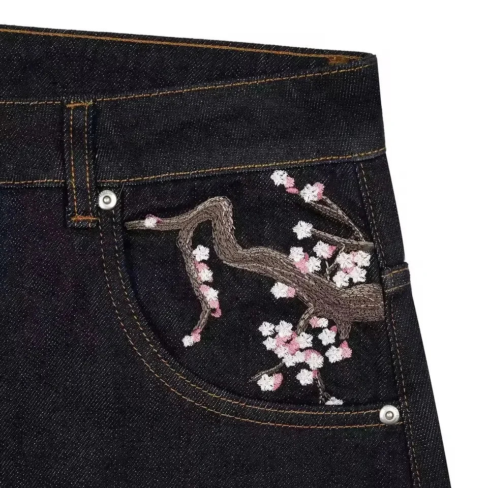 Cherry Blossom Embroidered Jeans Wide Leg