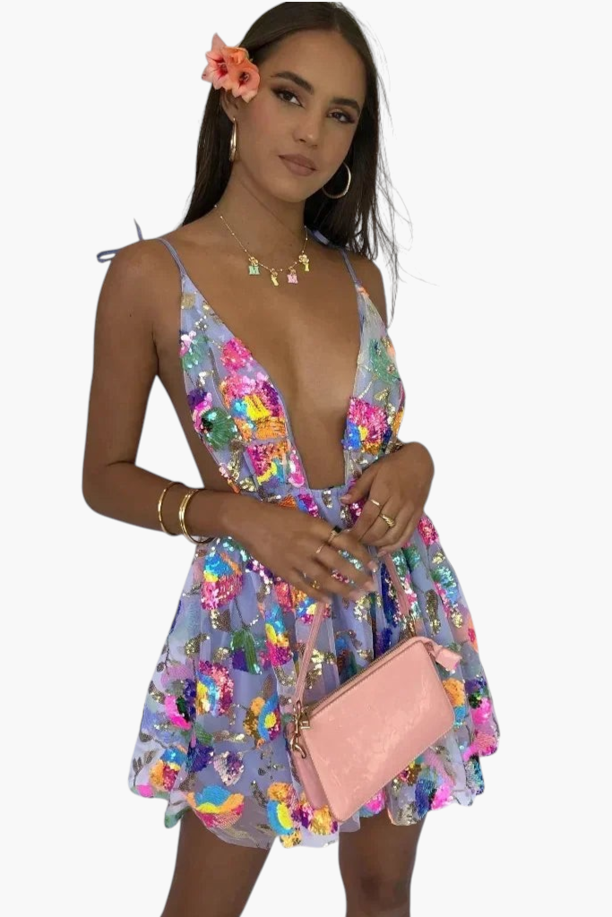 Deep Backless Sequin Dress Floral purple