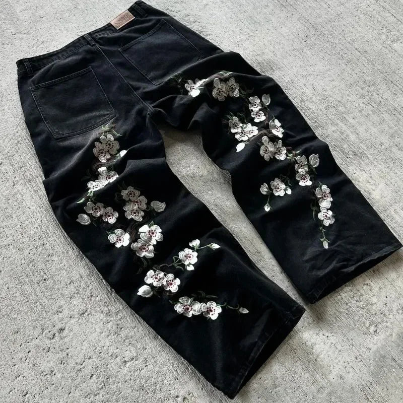Cherry Blossom Embroidered Jeans Wide Leg 3