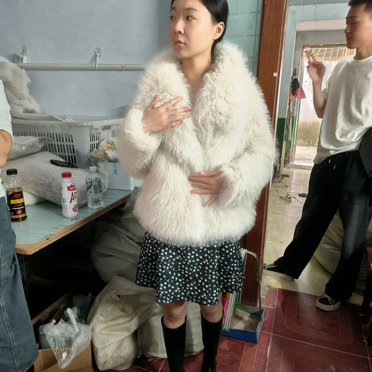 Fur Short Imitation Jacket Beige