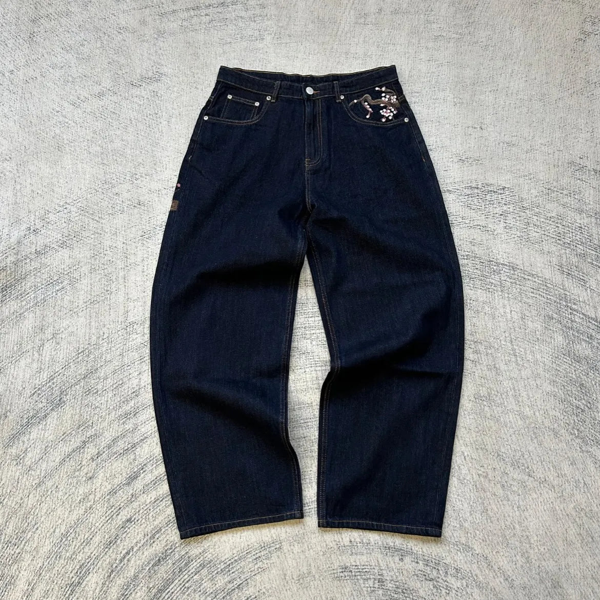 Cherry Blossom Embroidered Jeans Wide Leg
