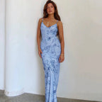 Floral Print Slim Dress Off Shoulder Slim Fit Blue