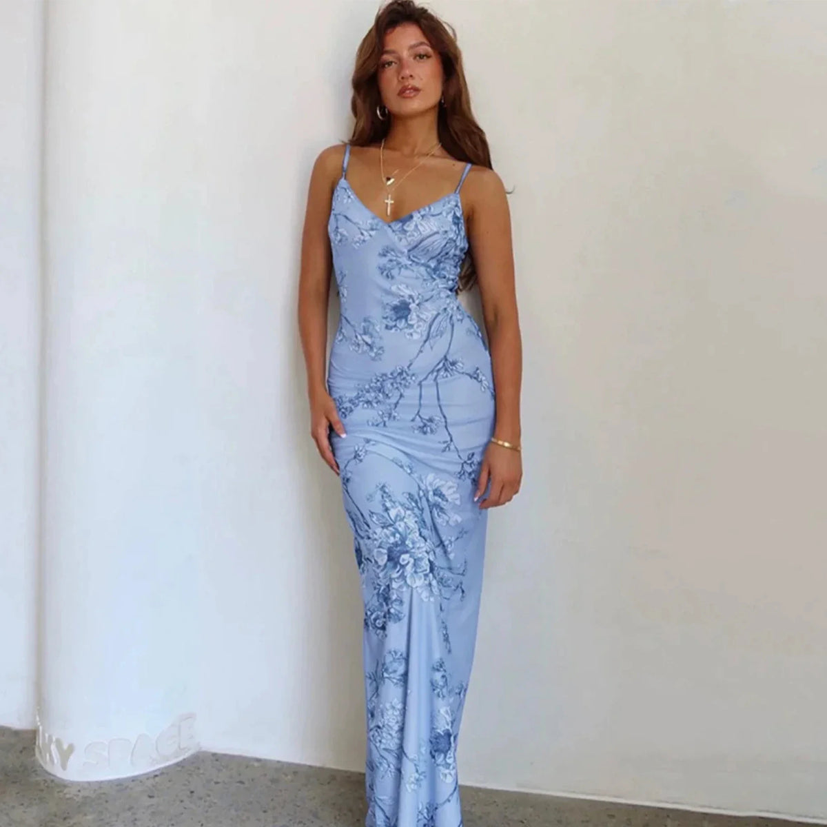 Floral Print Slim Dress Off Shoulder Slim Fit Blue