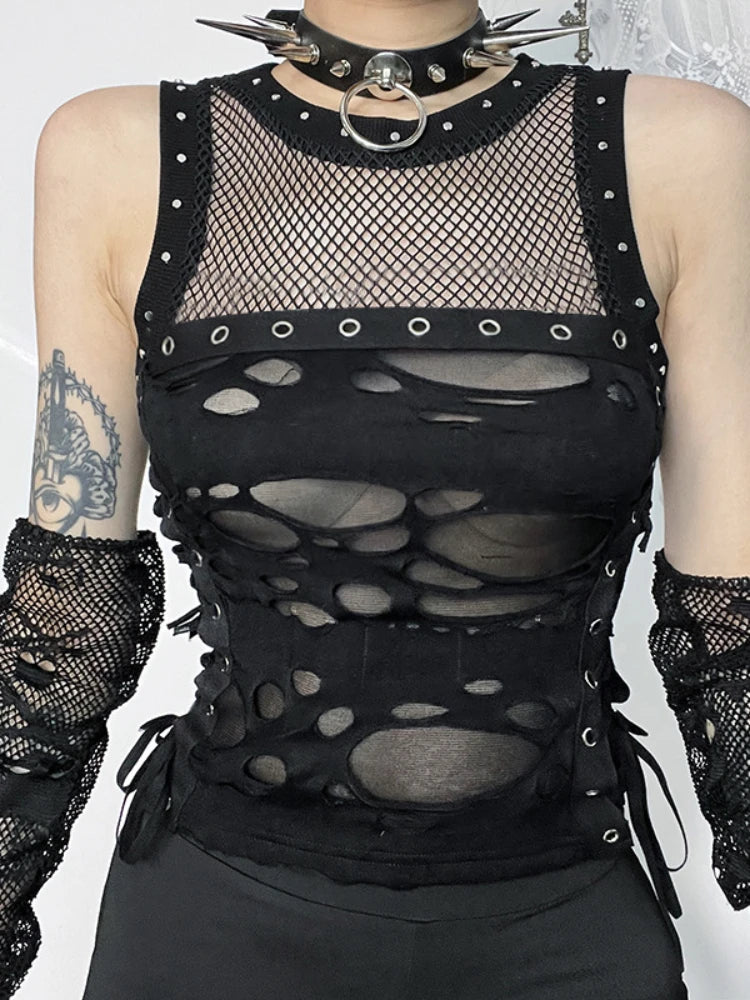 Gothic Crop Punk Tanks T Shirt Lace Knit