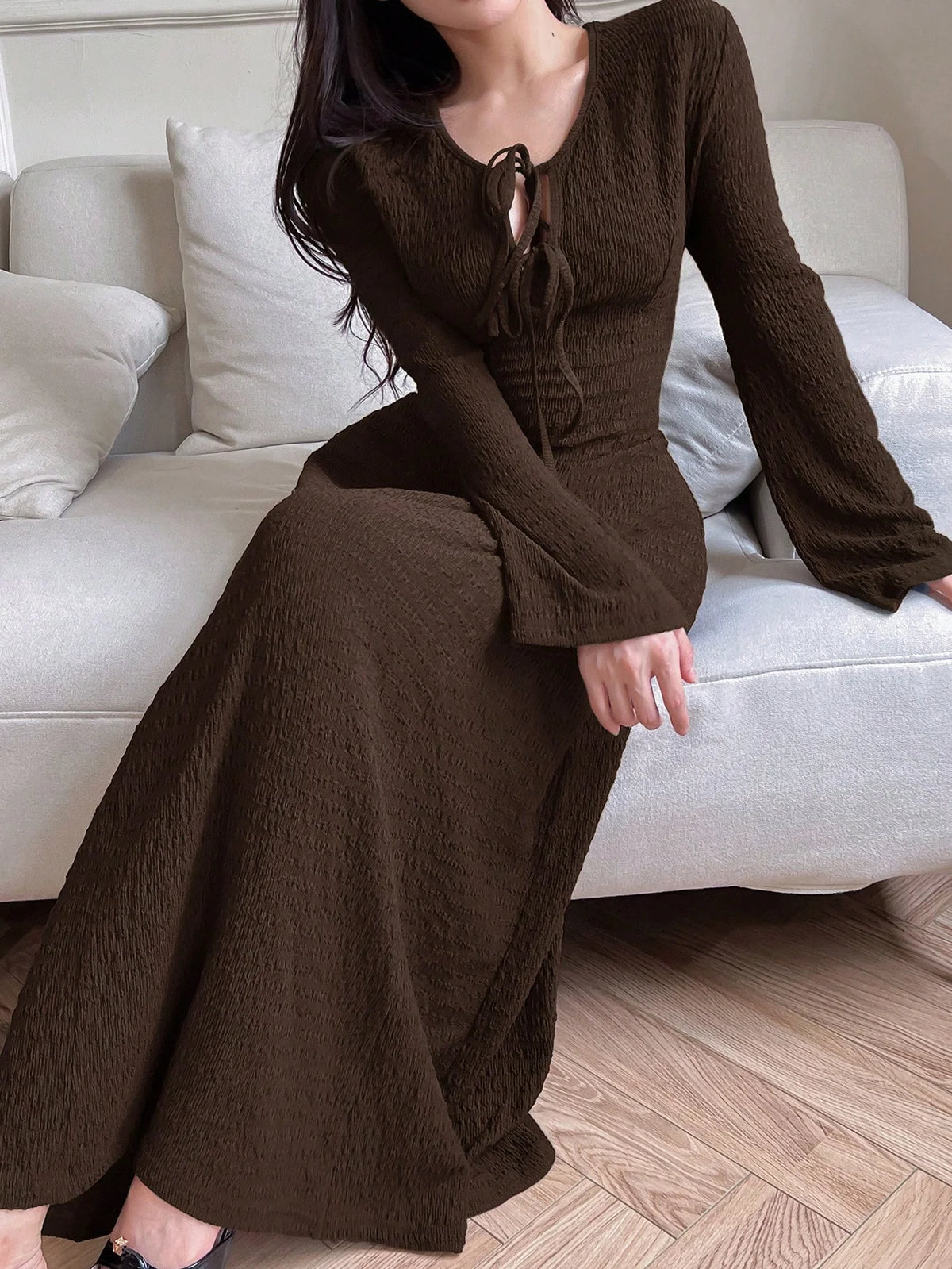 Lady's Long Sleeved Simple Dress Long Sleeve Coffee