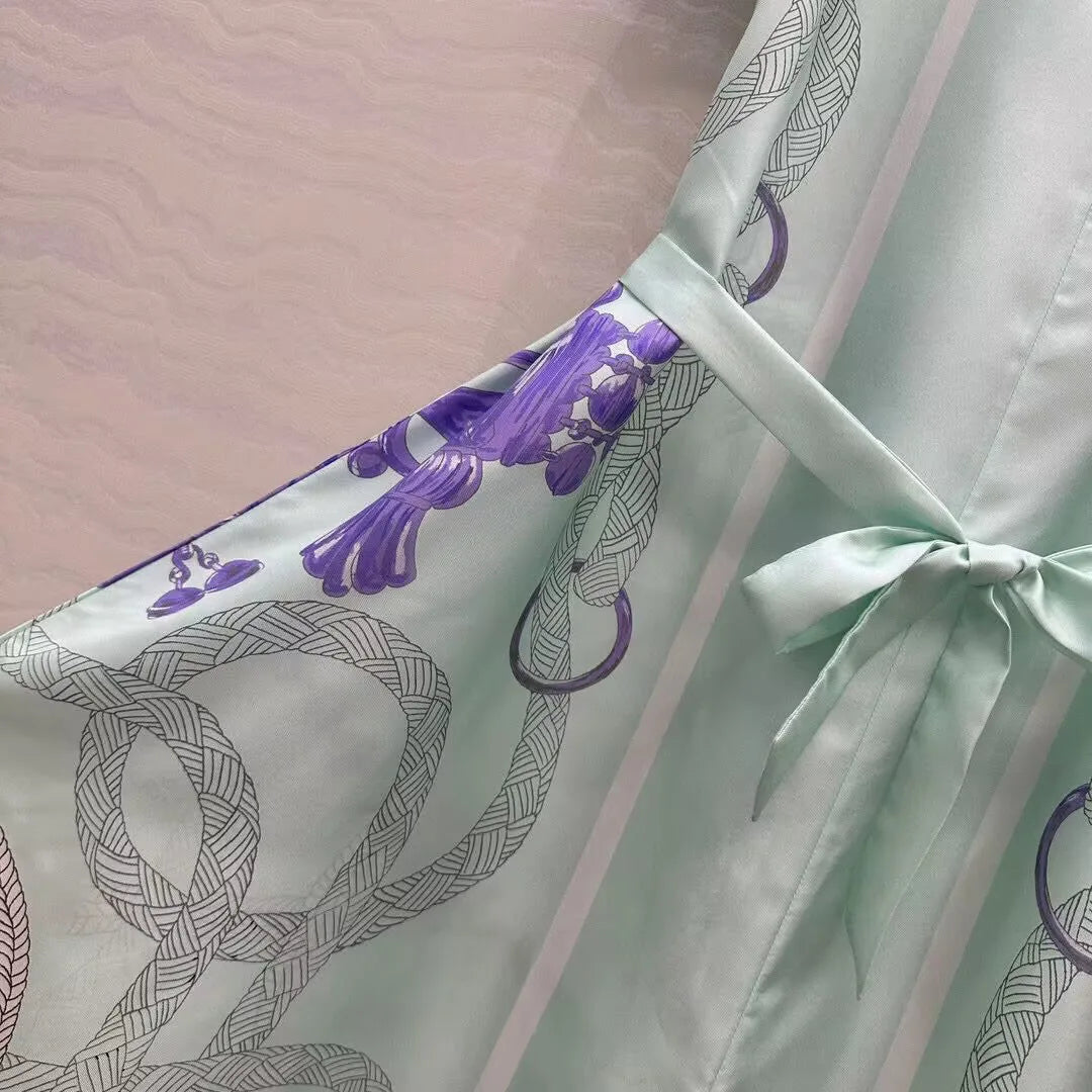 Luxury Silk Vintage Dress V Neck Short Sleeve