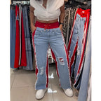 High Waist Ripped Jeans High Waisted Wide Leg Red