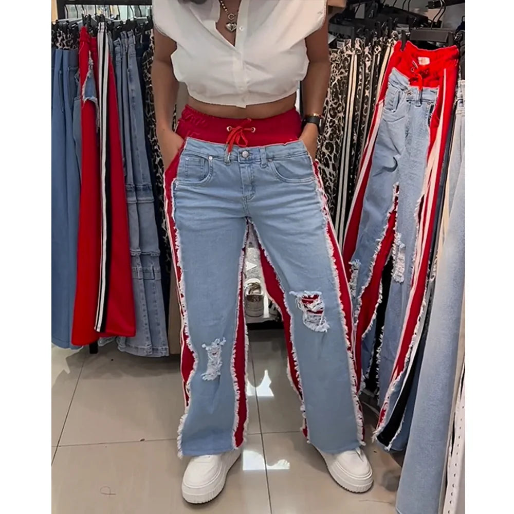 High Waist Ripped Jeans High Waisted Wide Leg Red