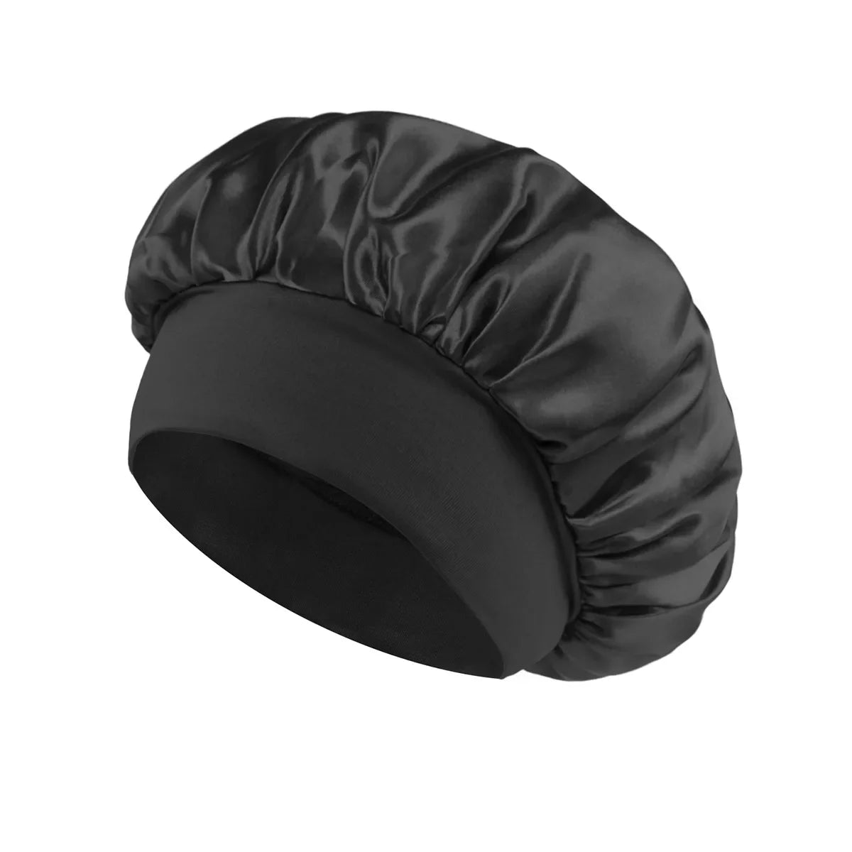 Satin Sleep Bonnet with Wide Elastic Band black