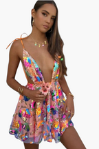 Deep Backless Sequin Dress Floral orange
