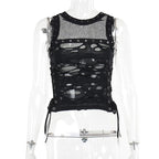 Gothic Crop Punk Tanks T Shirt Lace Knit Beige