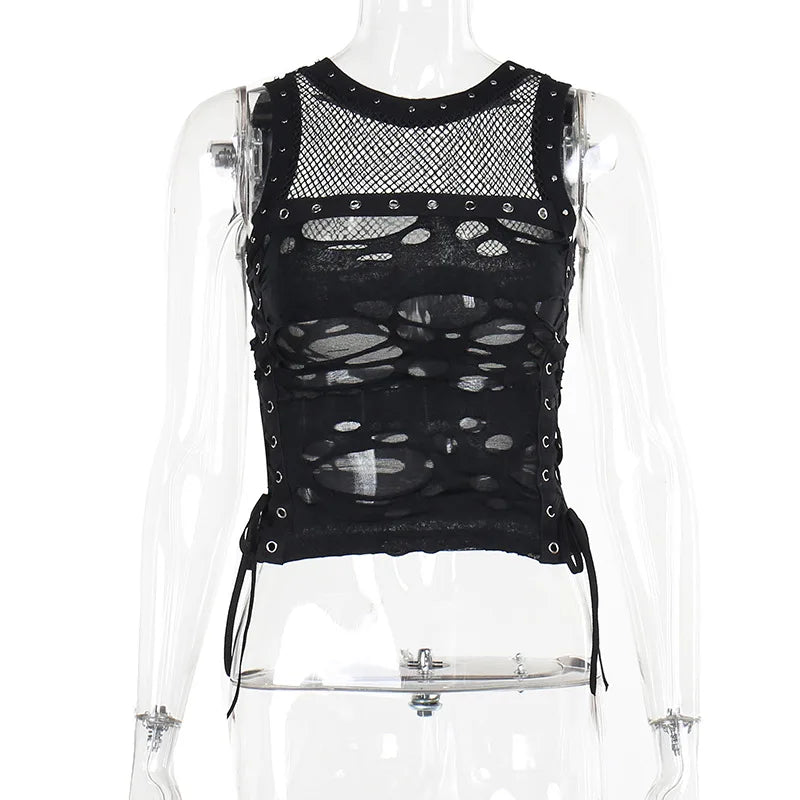 Gothic Crop Punk Tanks T Shirt Lace Knit Beige