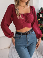 Square Neck Long Top Long Sleeve Burgundy