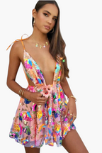 Deep Backless Sequin Dress Floral