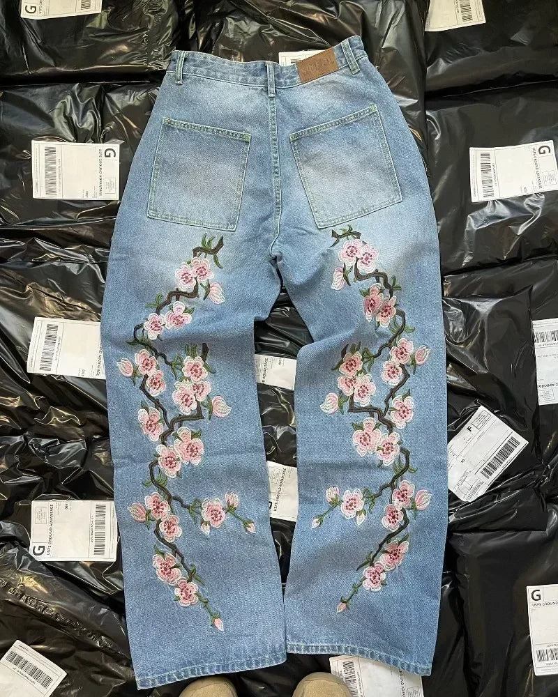 Cherry Blossom Embroidered Jeans Wide Leg 2