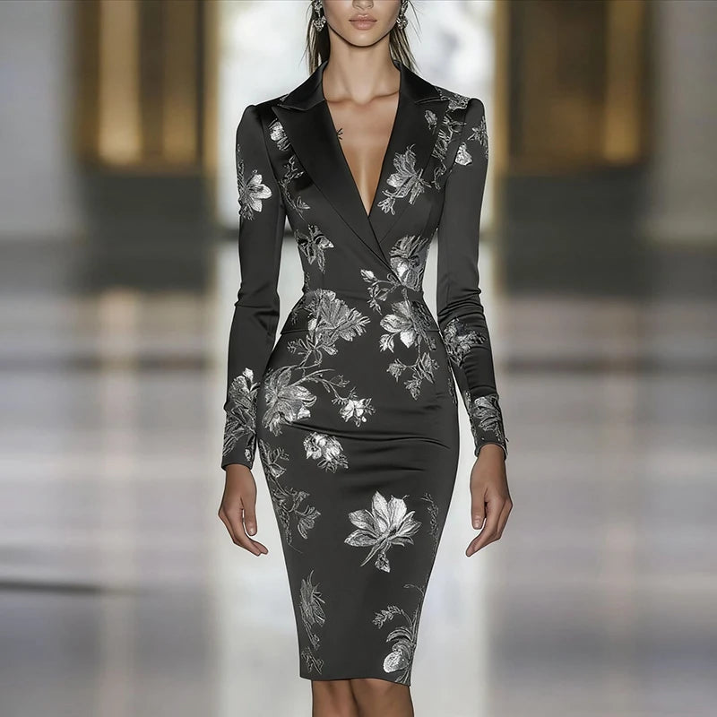 Floral Print Bodycon Dress Slim Fit Black