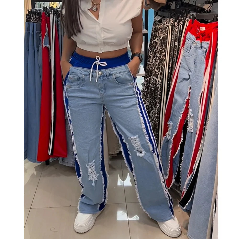 High Waist Ripped Jeans High Waisted Wide Leg Blue