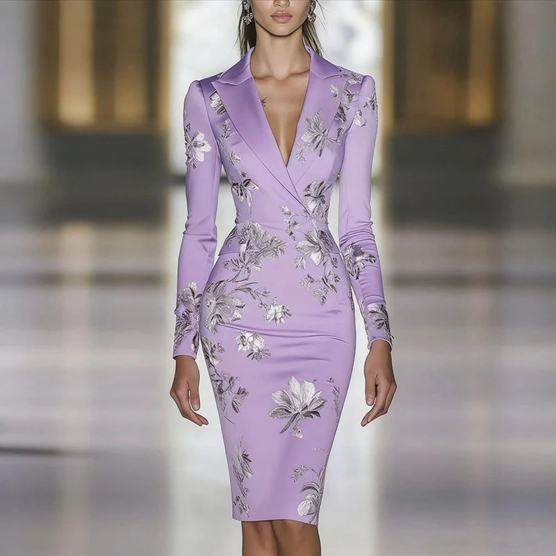 Floral Print Bodycon Dress Slim Fit Purple