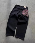 Cherry Blossom Embroidered Jeans Wide Leg