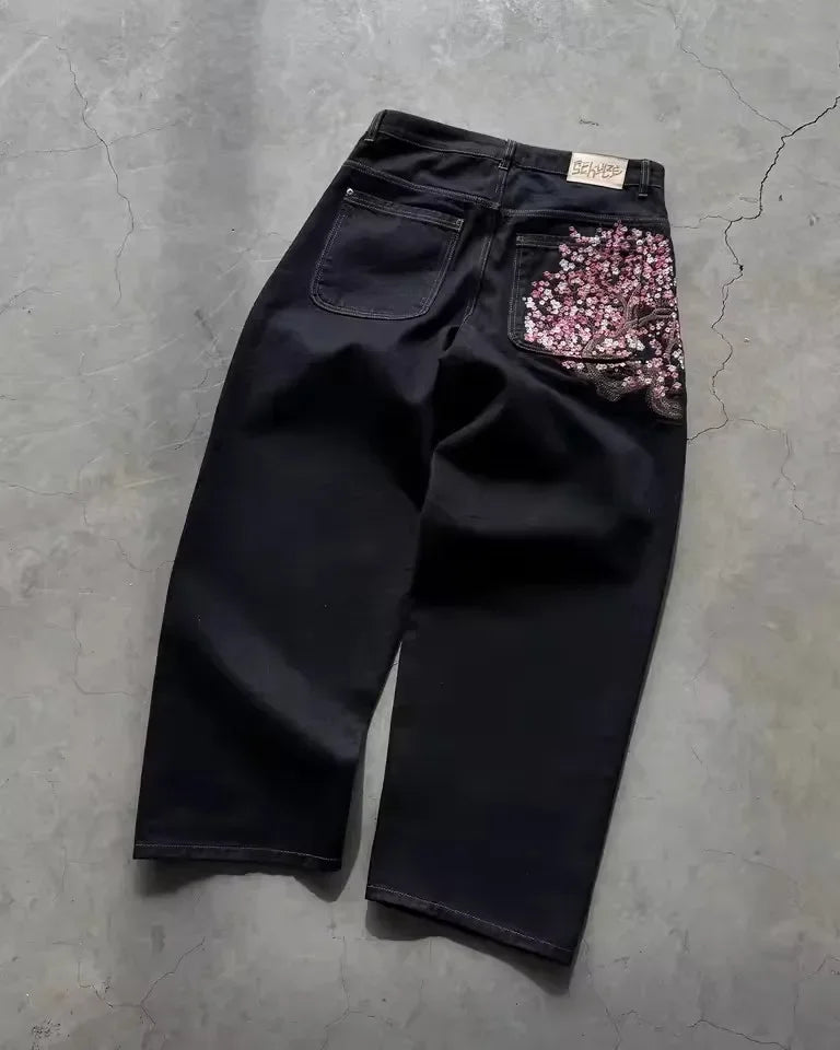 Cherry Blossom Embroidered Jeans Wide Leg