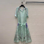 Luxury Silk Vintage Dress V Neck Short Sleeve Mint Green