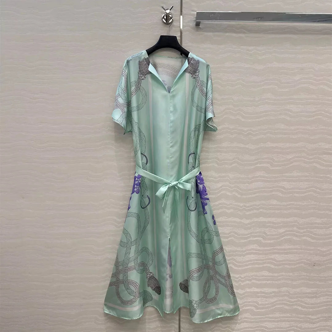 Luxury Silk Vintage Dress V Neck Short Sleeve Mint Green