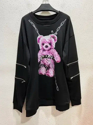 Japanese Mine Harajuku T Shirt Off Shoulder Zip Up Red iron chain bear One Size