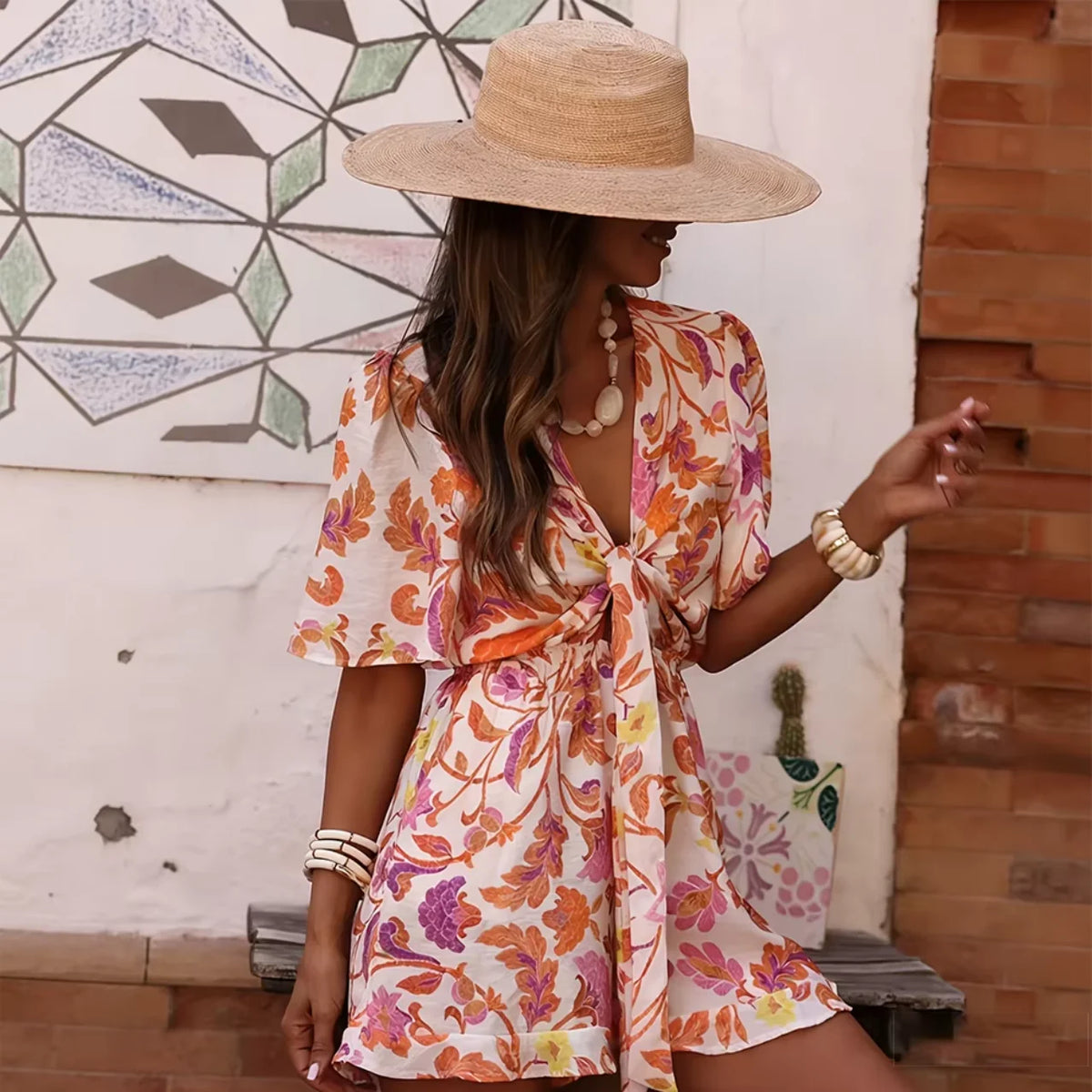 European American V neck Dress