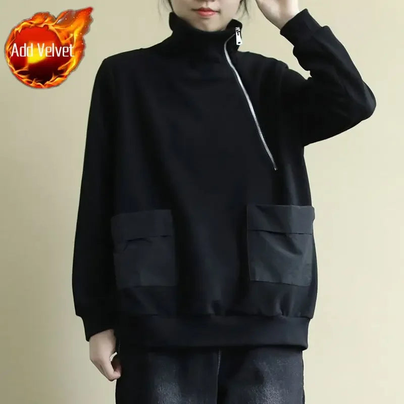 Black With Zipper Top Zip Up Black Plus Velvet