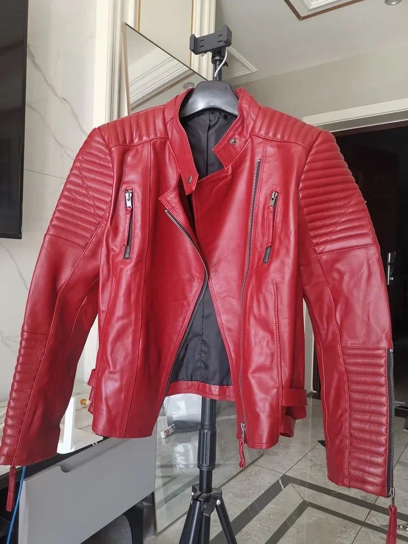 Genuine Sheepskin Leather Jacket Slim Fit wine red