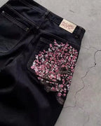 Cherry Blossom Embroidered Jeans Wide Leg