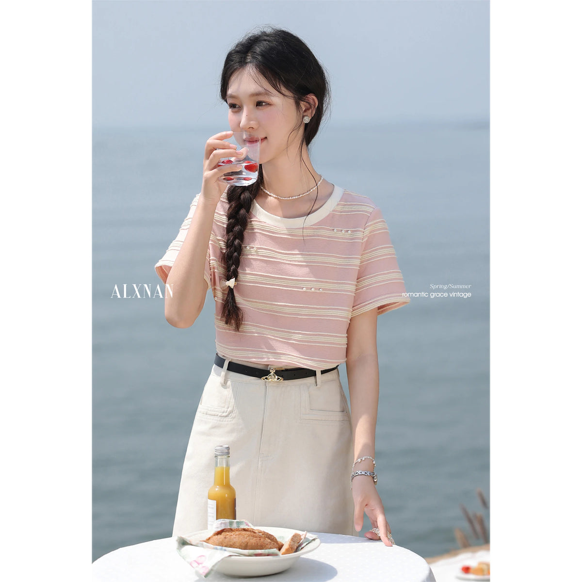 Alxnan Plus Size T Shirt Short Sleeve Pink Striped T-shirt L