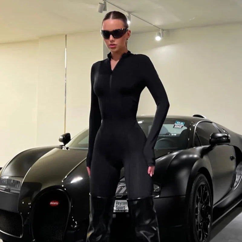 Splicing Sports Slim Jumpsuit Zip Up Long Sleeve