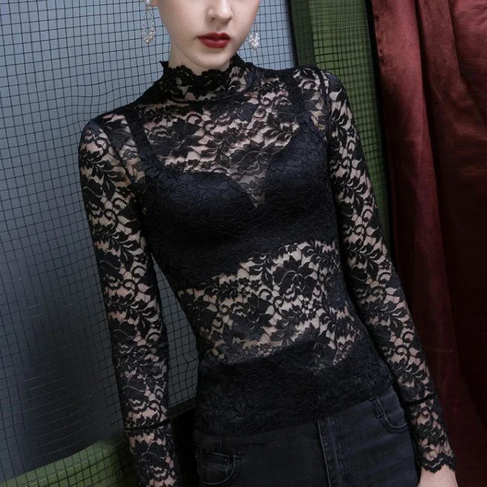 Stretch Flowers Lace T Shirt Turtleneck 479 Black
