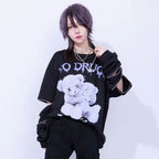 Japanese Mine Harajuku T Shirt Off Shoulder Zip Up White Bear One Size