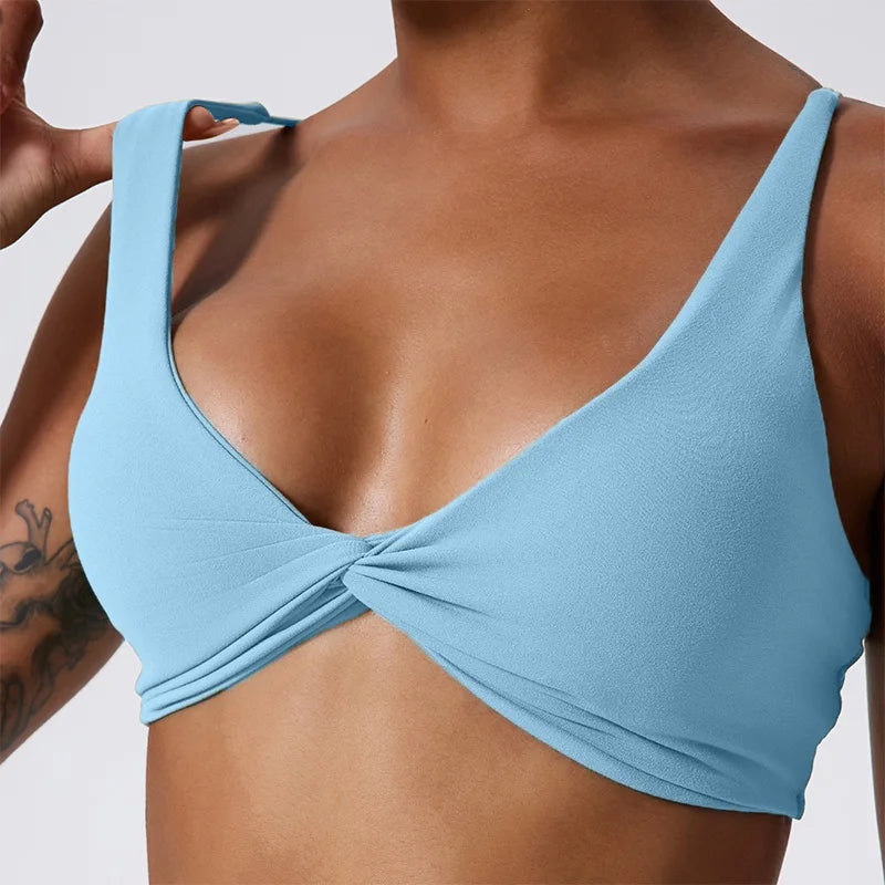 Push Up Sports Bra Breathable Top Knit Backless Sky Blue