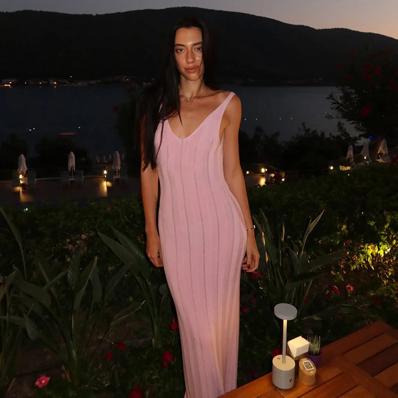 Backless Beach Sleeveless Dress Slim Fit pink